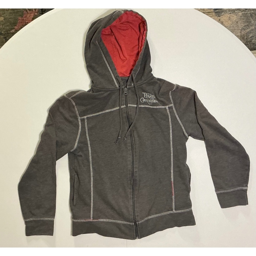 Disney‎ Park Pirates of the Caribbean Zip Hoodie Gray Red Lined Jack Sparrow M